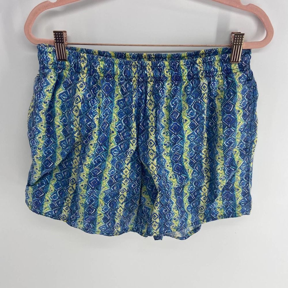 Pacific Connections blue yellow tribal short swim trunk tie waist mens medium